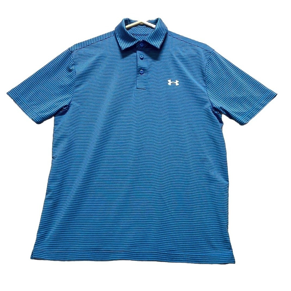 Under Armour Polo Shirt Men M Blue Golf Performance Tennis Heatgear Loose Stripe